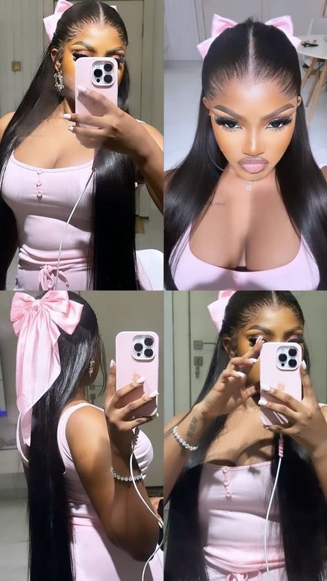 Hair Bow Style Black Women, Hairstyle With Bow Tie, Frontal Wig Styles With Bow, Pink Bow Hairstyles Black Women, Bow On Ponytail, Bows Black Women, Pink Bows In Hair, Baddie Wigs Hairstyles, Bow With Ponytail