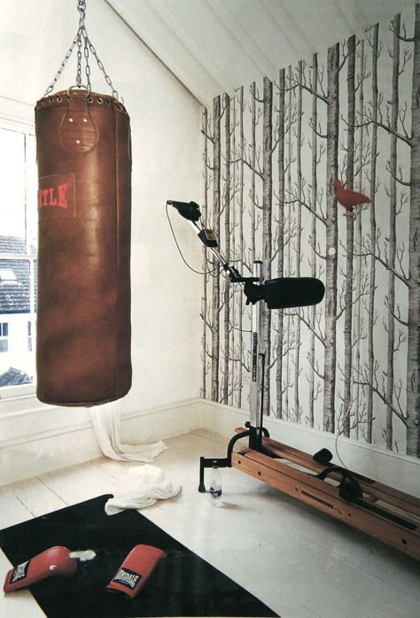 love this cole & son wallpaper Home Gym Wallpaper, Cole And Son Trees Wallpaper In A Room, Savuti Cole And Son, Gym Decorating Ideas, Modern Home Gym, Son Wallpaper, Gym Wallpaper, Decor Pad, Training Room