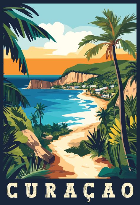 Experience the colorful charm of Curaçao with this vintage travel art. Known for its stunning beaches, crystal-clear waters, and vibrant Dutch-Caribbean architecture, Curaçao is the perfect tropical getaway. Let this artwork inspire your next adventure to the heart of the Caribbean. 🌞🇨🇼 #CuracaoTravel #VintageTravelArt #CaribbeanEscape #TropicalGetaway Caribbean Architecture, Vintage Caribbean, Willemstad, Tropical Getaways, Travel Design, Crystal Clear Water, Logo Designs, The Caribbean, Vintage Travel