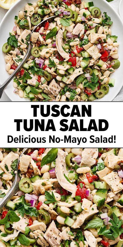 Tuscan tuna salad (no-mayo) Tuscan Tuna Salad Downshiftology, Tuscan Tuna And White Bean Salad, Tuna Healthy Salad, Tuna Salad With Cream Cheese, Tuna Salads For Dinner, Lentil Tuna Salad, Tuna And Beans, Tuna Salad Wrap Recipe, Tuscan Tuna Salad