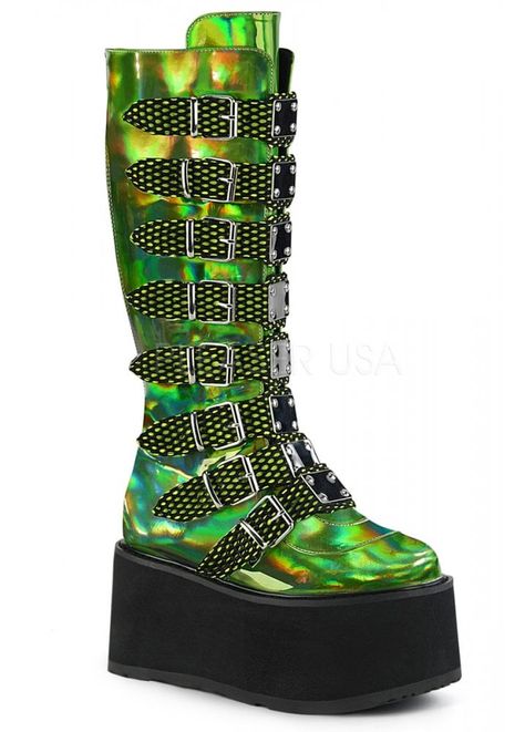 Demonia Damned 318, Green Goth, Goth Ideas, Knee High Platform Boots, Goth Boots, Gothic Boots, Pleaser Shoes, Metal Plates, Buckle Boots