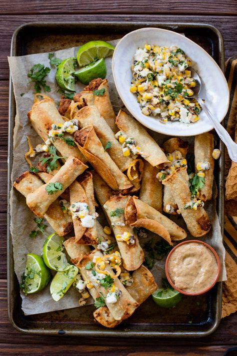 Mini Vegan Taquitos Vegan Taquitos, Vegan Refried Beans, Street Corn Salad, Mexican Appetizers, Mexican Street Corn Salad, Vegan Party Food, Vegan Mexican Recipes, Vegan Party, Mexican Street Corn