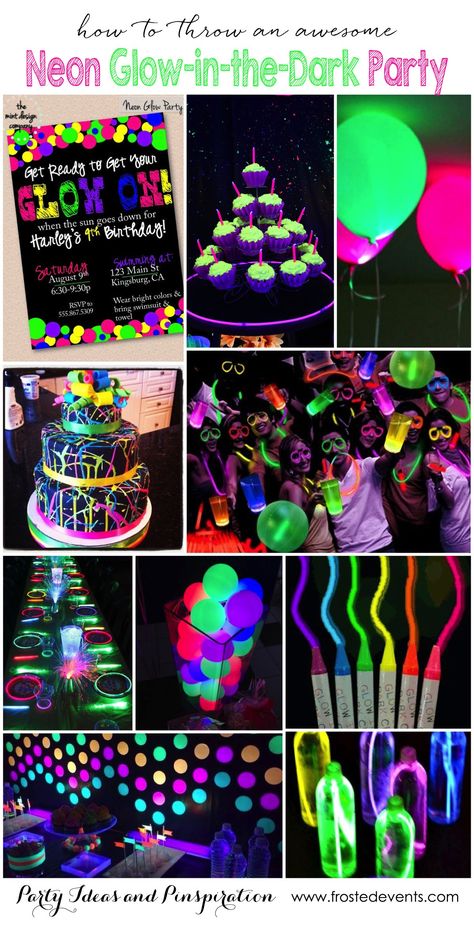 Party Themes - Neon Glow In the Dark Party Ideas frostedevents.com - Frosted Events Party Themes For Teenagers, Sleepover Stuff, Teenager Party, Glow In Dark Party, Neon Birthday Party, Glow In The Dark Party, Glow Birthday Party, Neon Birthday, Dark Party