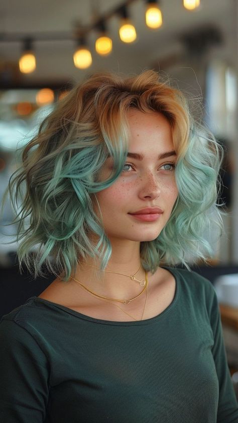 Short Curly Hair Colour, Ombré Color Hair, Hair Dye Ideas Ombre, Colorful Hair Aesthetic, Two Different Colored Hair, Types Of Hair Coloring, Green Tips Hair, Interesting Hair Color, Green And Blonde Hair