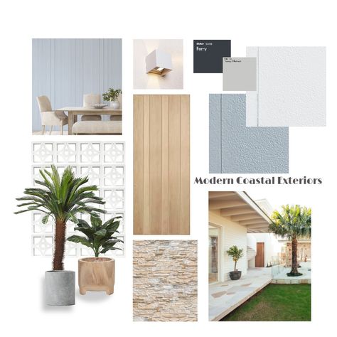 View this Interior Design Mood Board and more designs by Karine on Style Sourcebook Coastal Modern Exterior Homes, Mood Board Exterior Design, Modern Coastal Facade, Landscape Mood Board, Exterior Mood Board, Garden Mood Board, Villa Bogor, Modern Coastal Home Exterior, Modern Coastal Exterior