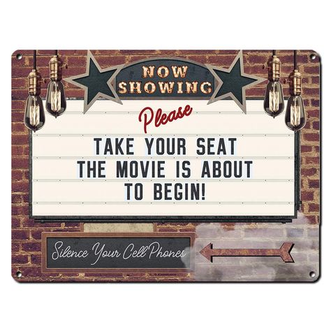 Now Showing Please Take Your Seat, 12 x 16 Inch Metal Sign, Vintage Home Theater Decor, Wall Marquee for Movie, Media, Cinema Room, Gifts for Movie Lovers, Actor, Actress, Screenwriter, RK3078 12x16 Movie Theater Chairs, Gifts For Movie Lovers, Vintage Movie Theater, Theater Decor, Texaco Vintage, Theatre Sign, Cinema Seats, Movie Decor, Home Theater Decor