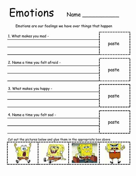 Emotions Worksheet. Great for elementary school. Empowered By THEM: May 2012 Spongebob Emotions, Spongebob Worksheets, Worksheet For Adults, Emotions Worksheet, Feelings Lessons, Identifying Emotions, Counseling Worksheets, Feelings Activities, Emotions Activities