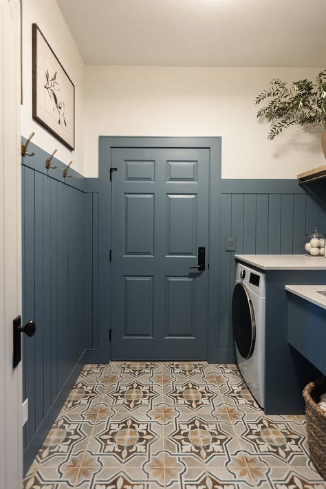 The Hacienda Laundry Room Reveal - Jenna Sue Design Diy Laundry Room Floor, Board Batten Laundry Room, Accent Wall Laundry Room Modern, Moody Bathroom Laundry Room, Laundry Room Colour Ideas, Shaker Style Laundry Room, Laundry Room With Board And Batten, Laundry Wainscoting, Wood Wall Laundry Room