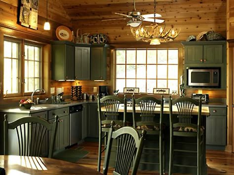 Rustic Cabin Kitchen, Log Cabin Kitchens, Wood Kitchen Ideas, Log Home Kitchen, Lindal Cedar Homes, Log Home Kitchens, Green Kitchen Cabinets, Cedar Homes, Rustic Kitchen Design