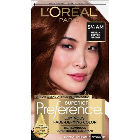 chocolate copper hair L'Oreal Paris Superior Preference Fade-Defying + Shine Permanent Hair Color, 5.5AM Medium Copper Brown, Pack of 1, Hair Dye Medium Copper Brown, Copper Hair Dye, Camelina Oil, Copper Brown Hair Color, Copper Brown Hair, Loreal Hair Color, Honey Brown Hair, At Home Hair Color, Copper Hair Color