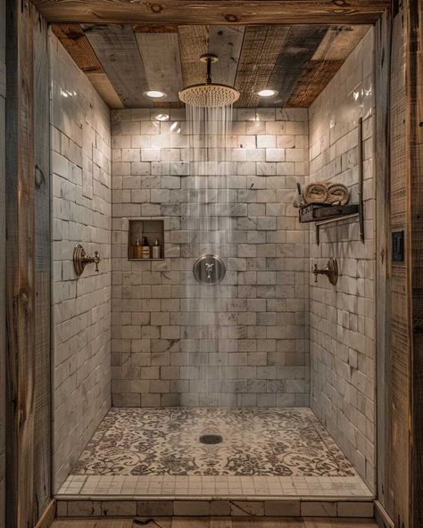 15+ Must-See Shower Bathroom Remodel Ideas for a Dreamy Retreat • 333+ Art Images Mountain Home Shower Ideas, Bathroom Ideas With Walk In Shower Layout, Barndo Master Bath Ideas, Shop Shower Ideas, Tile Walk In Shower Ideas Master Bath, Rock Showers Walk In, Bathroom Ideas Master Decorations, Master Bathrooms Western, Dream Home Design Bathroom