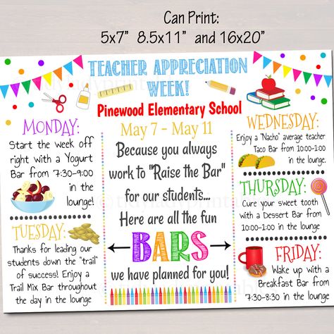 "This AWESOME and AMAZINGLY VERSATILE teacher appreciation itinerary poster is great to show your appreciation to teachers during appreciation week! Featuring a super unique and adorable \"RAISE THE BAR\" THEME! The design is cute, bright and works wonderfully for all schools Post this in the staff breakroom or other common area to let teachers & staff know what goodies are in store for them and when all week long! Or hand out as invites and flyers! ALL TEXT IS EDITABLE - MAKE IT READ WHATEV Teacher Appreciation Week Themes, Teacher Appreciation Themes, Teacher Morale, Teachers Week, Staff Appreciation Week, Teacher Treats, Week Schedule, Appreciation Printable, Raise The Bar