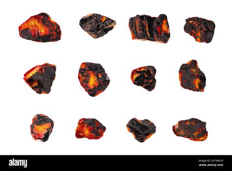 Download this stock image: Red hot coal stones set isolated white, burning natural black charcoal pieces texture, flaming anthracite rocks, glowing coal nuggets, smolder embers - 2G78WCN from Alamy's library of millions of high resolution stock photos, illustrations and vectors. Burning Coal, Burning Embers, Digital Art Design, Tattoo Sleeve, Image Processing, Red Hot, Art Project, Black Charcoal, Stone Settings