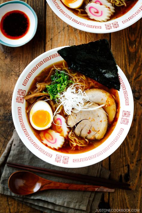 My Spicy Shoyu Ramen recipe is easy to make at home. Topped with soft-boiled egg, fish cake, nori seaweed, and fall-apart tender chashu pork belly, this delicious bowl of spicy delight will surely satisfy your ramen craving! #shoyuramen #ramen | Easy Japanese Recipes at JustOneCookbook.com Shoyu Ramen Recipe, Ramen Easy, Japanese Rice Dishes, Chashu Pork, Ramen Toppings, Ramen Dishes, Just One Cookbook, Shoyu Ramen, Homemade Ramen