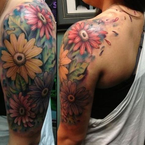 03 Flower Tattoo Sleeve Easy Half Sleeve Tattoos, Flower Tats, Colorful Flower Tattoo, Sunflower Tattoo Sleeve, Girls With Sleeve Tattoos, Beautiful Flower Tattoos, Tattoos For Women Half Sleeve, Daisy Tattoo, Flower Tattoo Shoulder