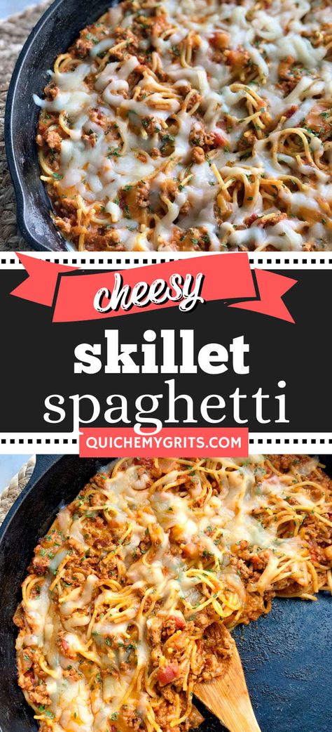 Two graphics depicting cheesy skillet spaghetti in a black skillet with melted cheese on top. One Pan Spaghetti, Skillet Spaghetti, How To Make Spaghetti, Spaghetti Dinner, Rainbow Salad, Easy Spaghetti, Italian Sauce, Dinner Entrees, Dinner Inspiration