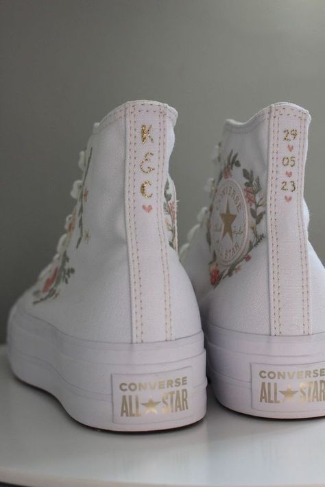 Platform Converse High Tops, Cute Converse Shoes, Wedding Platform, Cute Converse, Embroidered Converse, Wedding Converse, Preppy Shoes, High Top Converse, Platform Converse