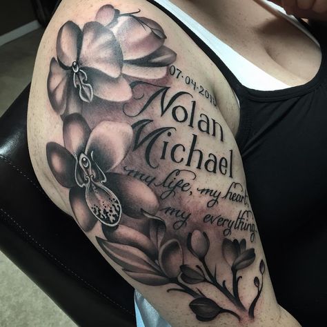 #flower #blackandgrey #tattoo #eikondevice #eikon #edmonton #edmontontattoos… Family Sleeve Tattoo, Girl Neck Tattoos, Jessica Wright, Family Tattoo Designs, Tattoos With Kids Names, Mommy Tattoos, Tattoo Name, Butterfly Tattoos For Women, Forarm Tattoos