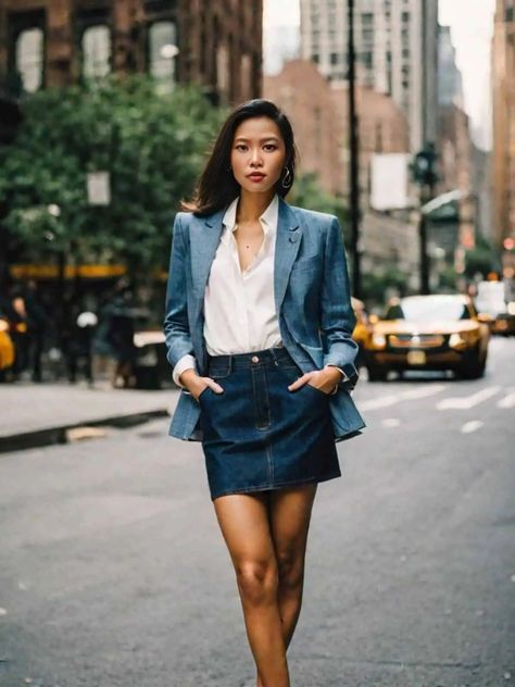 If Your Style is Elevated, You Need to Try these 25 Monochromatic Outfits Style A Denim Skirt, Style A Blazer, Denim Skirt Outfit, Structured Blazer, Monochromatic Outfit, Denim Skirt Outfits, Casual Fridays, 30s Fashion, Fashion Templates