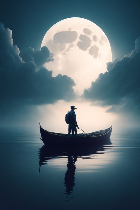 Man In Boat Drawing, Boat Painting Abstract, Boat In Water, Realistic Digital Painting, Panda Bear Art, Moon Over Water, Boat Silhouette, Boat Illustration, Choppy Water