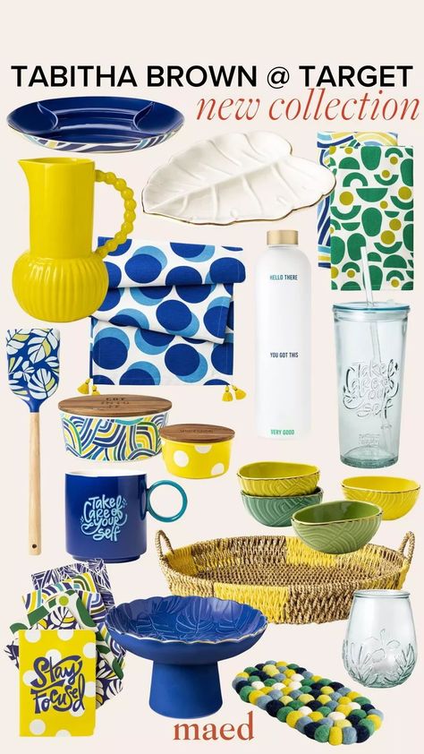 Target has just released their new Tabitha Brown home décor collection. MAED is rounding up all of her favorite items from this new home decor line. She has carefully chosen everything from plate ware and dishes, to vases, and dish towels. Shop these beautiful blue and yellow kitchen décor today from Target! Kitchen Yellow And Blue, Yellow Dishes Table Setting, Yellow Kitchen Utensils, Blue Yellow Kitchens, Yellow Dishes Set, Kitchen Dishware, Kitchen Towels In Blue And Yellow, Tabitha Brown, Yellow Kitchen Decor