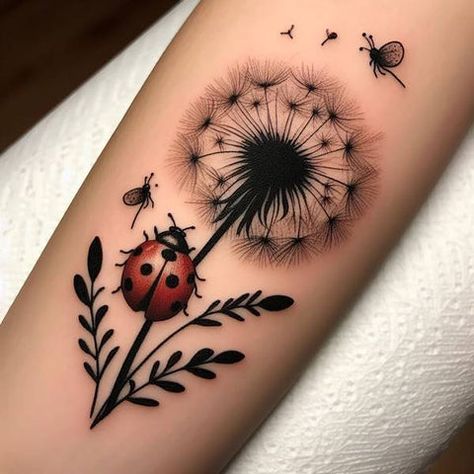 85 Soft And Empowering Ideas For Ladybug Tattoos That Generate Positiv Ladybug And Butterfly Tattoo, Sunflower And Ladybug Tattoo, Ladybug Tattoo Black And White, Ladybug Tattoo Design, Ladybug Tattoos, Ladybug Tattoo Ideas, Fun Tattoos, Ladybug Tattoo, Lace Sleeve Tattoos