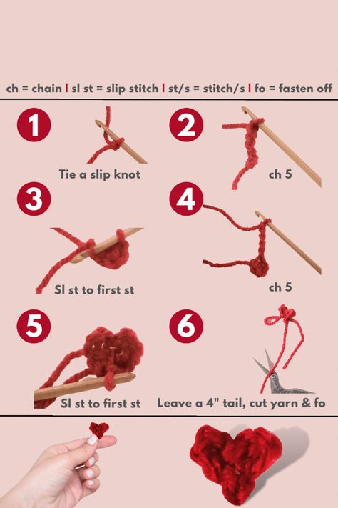 Follow these 6 easy steps to crochet a tiny heart. You can use this heart to embellish small crochet projects. This 1-minute tiny heart crochet pattern is probably the smallest heart you'll find on the internet. Use this mini crochet heart to decorate your valentine's crochet or add to any DIY Valentine's project. Easy Tiny Crochet Projects, Tiny Heart Crochet, Cute Tiny Crochet Projects, Mini Crochet Tutorial, Small Heart Crochet Pattern, Small Heart Crochet, Crochet Decals, Easy Small Crochet Projects, Small Crochet Projects Easy