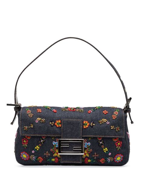 Fendi Pre-Owned Baguette floral-embroidered Shoulder Bag - Farfetch Embroidered Shoulder Bag, Fendi Vintage, Fendi Bag, Women Shoulder Bag, Floral Bags, Chanel Sunglasses, Fendi Baguette, Floral Denim, Baguette Bag