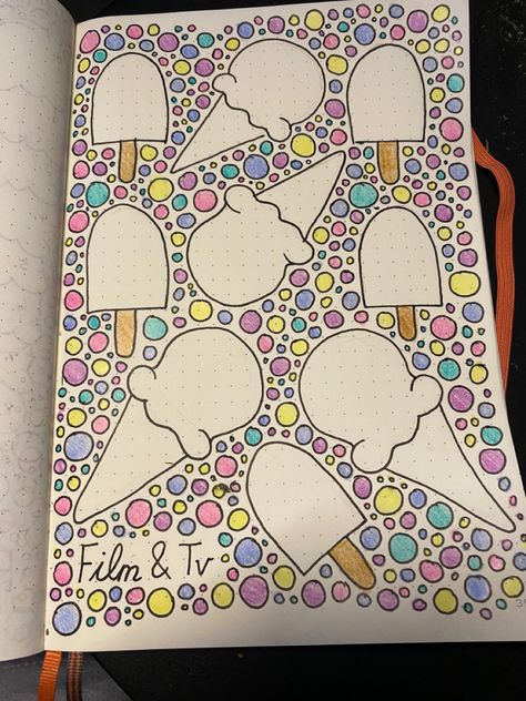 Ice cream themed bullet journal for August. Ice Cream Mood Tracker, Ice Cream Journal, Ice Cream Zentangle, Bullet Journal Films, Ice Cream Bullet Journal, Bullet Journal Ice Cream Theme, Lemon Bullet Journal Theme, Bullet Journel, Bullet Journal Cover Page