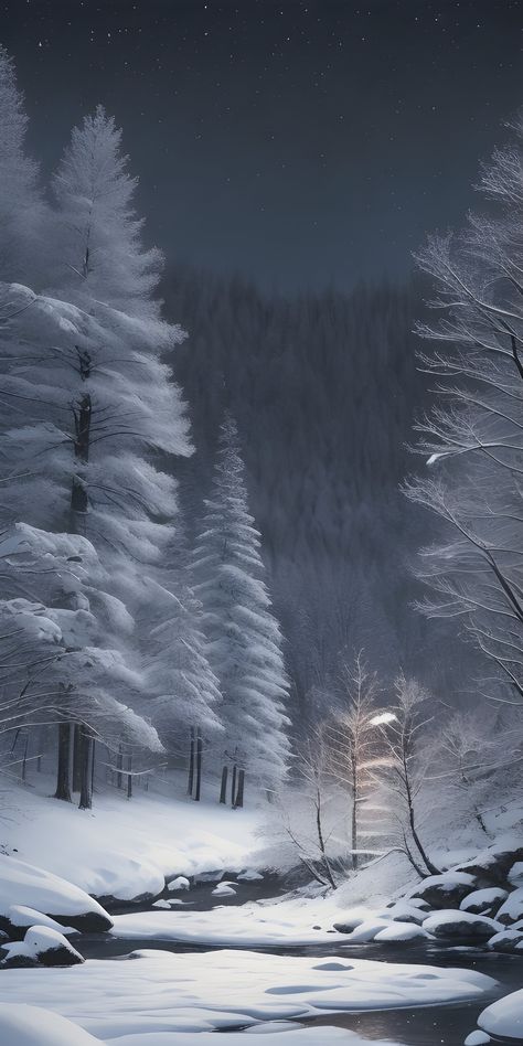 Winter Fantasy Wallpaper, Monochromatic Wallpaper, Snow Artwork, Trees At Night, Winter Wallpapers, Frozen River, Landscape Snow, Snow Trees, Polar Night