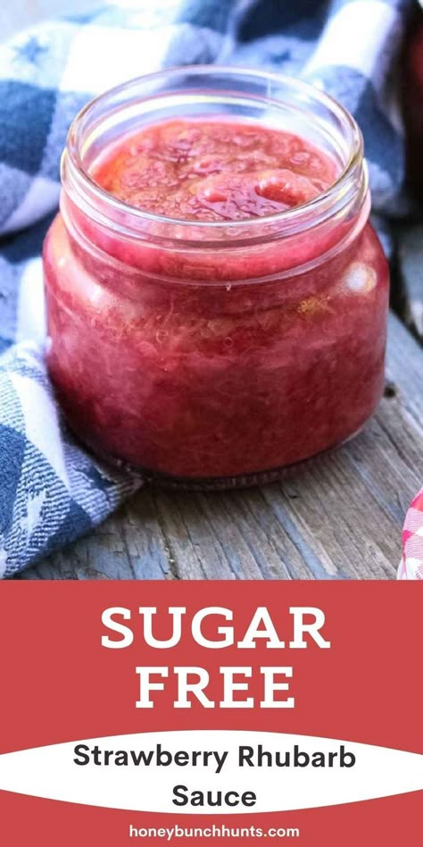 Stawberry Rhubarb Sauce is a delicious condiment full of strawberries and rhubarb sweetened with sugar free sweetener and a touch of lemon juice for a sweet and tangy spread. Great to spread on toast, in smoothies, or as a filling for cookies that is also low carb and keto friendly. Sugar Free Rhubarb Sauce, Rhubarb Strawberry Sauce Recipes, Sugar Free Strawberry Rhubarb Jam, Healthy Rhubarb Recipes Sugar Free, Low Carb Rhubarb Recipes, Sugar Free Rhubarb Jam, Low Sugar Rhubarb Recipes, Keto Rhubarb Recipes, Sugar Free Rhubarb Recipes