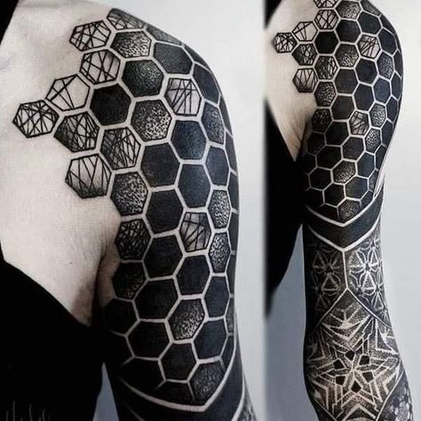 Arm Cover Up Tattoos, Geometric Tattoo Sleeve Designs, Hexagon Tattoo, Cyberpunk Tattoo, Hyper Realistic Tattoo, Geometric Sleeve Tattoo, Blackout Tattoo, Men Tattoos Arm Sleeve, Wrist Tattoos For Guys