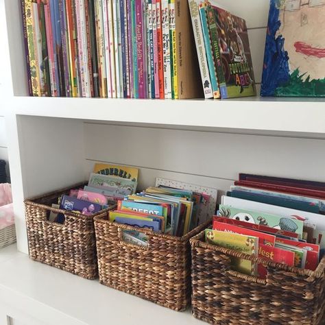 Kids Book Storage Closet, Book Storage Containers, Montessori Art Supply Storage, Small Shared Kids Room Storage, Playroom Book Organization, Best Toy Organization, Playroom Bookshelf Ideas, Book Storage In Closet, Easy Diy Storage Ideas