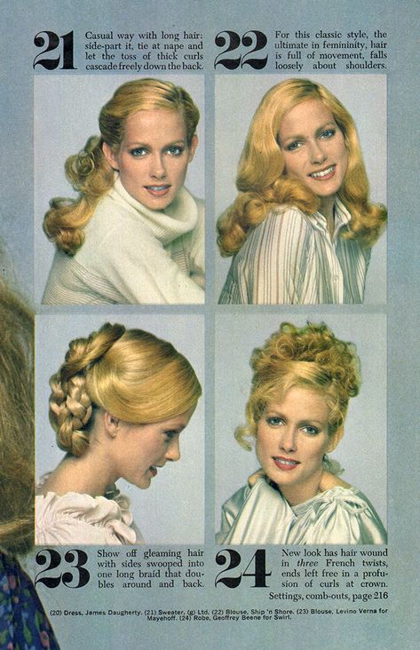 60s Hair Magazine, 1979s Hairstyles, 1970s Hairstyles Updo, 70s Hair Magazine, 1976 Hairstyles, 1960s Curly Hairstyles, 1970 Hairstyles For Long Hair, 1977 Hairstyles, 1970s Long Hair