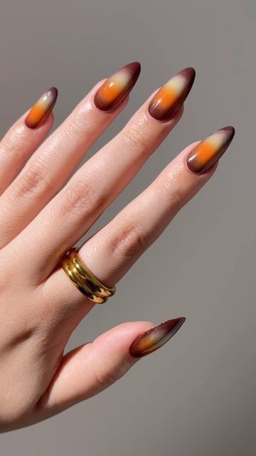 Lights Lacquer on Instagram: "How to create the perfect autumn ombre aura nails 🤎  Polishes used: Espresso, Hide the Rum!, Arrivederci & Totally Gelly.   #lightslacquer #nails #nailinspo #fallnails #athomenails #fallinspo #almondnails #brownnails #greennails #orangenails #easynails #simplenails #nailhack #nailartinspo #naildesign #nailart #trendynails #trendynailart #nailpolish #nailtutorials #nailartvideos #demure #gilmoregirlsedit" Ombre Nails With Charms, Autumn Aura Nails, Aura Nails Fall, Fall Aura Nails, Amber Nails, Lights Lacquer, Boring Nails, Sunset Nails, Copper Nails