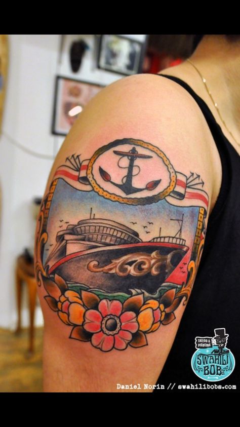 Cruise Ship Tattoo, Ship Tattoo Ideas, 2016 Tattoo, Unique Forearm Tattoos, Bottle Tattoo, Crescent Moon Tattoo, Gorgeous Tattoos, Ship Tattoo, Inked Tattoo