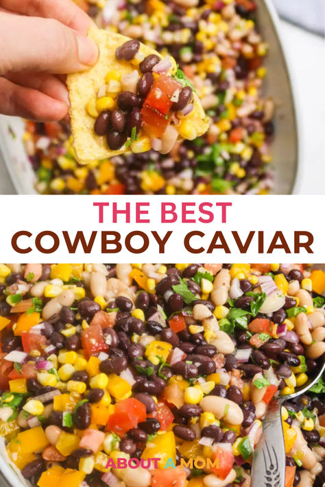 a pin with 2 images of cowboy caviar Caviar Dip Recipe, Cowboy Caviar Dip Recipe, Cowboy Caviar Dip, Caviar Dip, Cowboy Caviar Recipe, Bbq Party Food, Bbq Appetizers, Caviar Recipes, Bbq Side Dishes