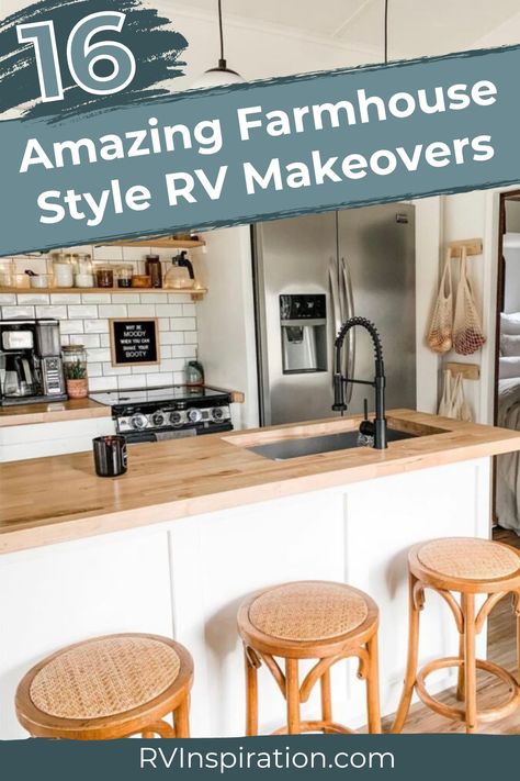 Let these gorgeous farmhouse-style RVs inspire you to channel your inner Joanna Gaines! In this article, you'll see photos of 16 cute RVs decorated with rustic, Farmhouse-style decor, including fresh paint or wallpaper, cute curtains, and cozy personal touches. Along the way, we'll point out the details and products these RV owners used to achieve their look to show you how easy it would be to recreate the same look in your own RV! #farmhousedecor #RVrenovation #RVremodel #RVmakeover Rv Living Room, Renovated Farmhouse, Dining Booth, Built In Dresser, Cute Curtains, Rv Makeover, Brick Paneling, Faux Shiplap, Rv Renovations