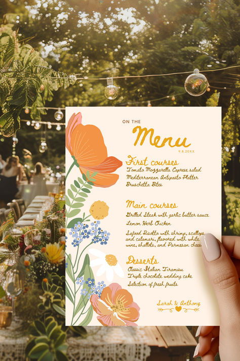 Boho wedding menu template with multicolor hand drawn flowers and trendy handwritten font. All wording is 100% editable in the free version of Canva. Summer Wedding Menu Ideas, Garden Menu Design, Summer Garden Dinner, Dinner Party Menu Handwritten, Summer Party Menu, Party Menu Template, Summer Wedding Menu, Dinner Menu Template, Birthday Party Menu