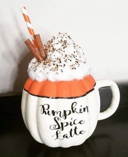 Pumpkin Painting Ideas Coffee, Pumpkin Spice Latte Pumpkin Decorating, Coffee Pumpkin Decorating, Carveless Pumpkins, Starbucks Pumpkin Painting, Pumpkin Spice Latte Pumpkin Painting, Coffee Pumpkin Painting, Pumkin Decoration Ideas Easy Contest, Pumpkin Decorating Ideas For Contest