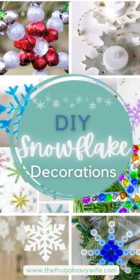 Ready to up your Winter Decor with Snowflakes? If so, here are some of my favorite DIY snowflake decorations that are simple and fun! #snowflakediy #snowflakecrafts #frugalnavywife #winterdecor | Winter Decor DIY | Snowflake Crafts | Snowflake DIY | Simple Snowflake Crafts Sequin Snowflake Craft, Christmas Snowflake Decor, Winter Wonderland Diy Decorations Budget, Diy Snowflake Tree Topper, Easy Diy Snowflakes Decorations, Ribbon Snowflakes Diy, Diy Snowflakes Decorations Outdoor, Diy Outdoor Snowflakes, Winter Wonderland Christmas Decorations Diy