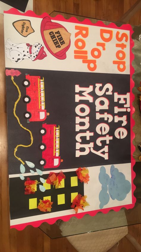 Fire Safety Bulletin Board Preschool, Firefighter Bulletin Board, Fire Fighter Decorations, Fire Safety Poster Ideas, Fire Safety Ra Board, Fire Safety Poster Drawing, Fire Prevention Month Poster, Fire Safety Bulletin Board, Fire Prevention Poster Ideas