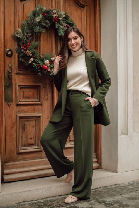 Woman in green trousers and cream sweater near a festive wooden door with a holiday wreath. Chic Christmas Outfit, Festive Christmas Outfit, Xmas Outfit, Festive Outfits, Christmas Outfit Ideas, Like Green, Sparks Joy, Chic Christmas, Casual Dressy