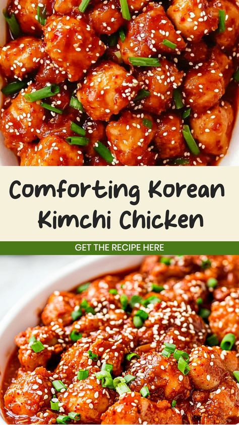 Looking for a flavorful dish to spice up your weeknight dinner? Try this delicious Korean Kimchi Chicken recipe that is sure to impress! Marinated in a blend of spicy, tangy kimchi, soy sauce, and fragrant garlic, this dish is bursting with bold flavors. The tender chicken paired with the crunchy texture of kimchi creates the perfect harmony in every bite. Serve it over steamed rice or noodles for a satisfying meal that will surely become a family favorite. Kimchi And Chicken Recipe, Kimchi Meal Prep, Dishes With Kimchi, Korean Chicken Thigh Recipe, Recipes Using Kimchi, Kimchi Chicken Recipe, Meals With Kimchi, Kimchi Meals, Kimchi Jigae Recipe