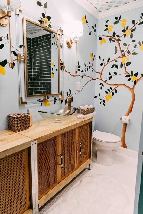 #bathroom #art #wallpaintings Boho Bathroom Mural, Wall Painting Ideas For Bathroom, Bathroom With Mural, Murals In Bathrooms, Bathroom Wall Painting Ideas Creative, Mural Art Bathroom, Hand Painted Bathroom Wall Mural, Diy Bathroom Mural, Small Bathroom Mural