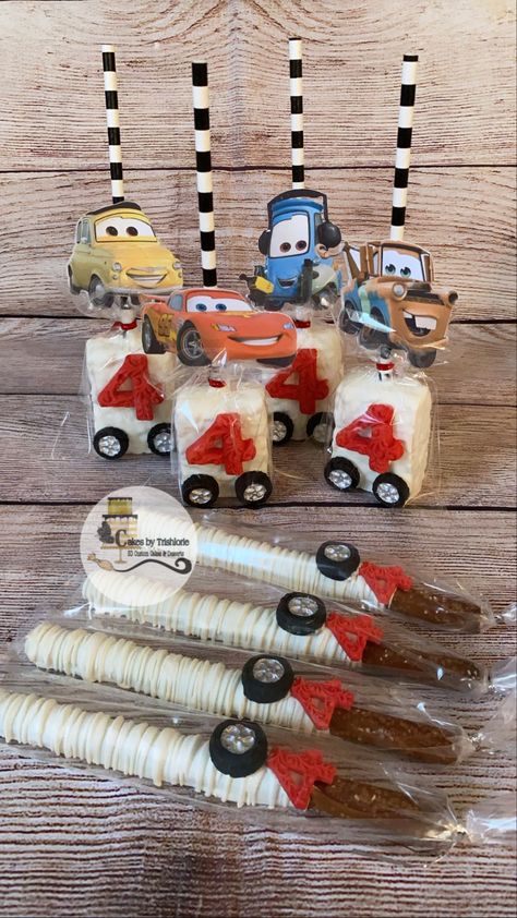 Cars Pretzel Rods, Cars Theme Rice Krispies, Cars Theme Treats Party Ideas, Cars Theme Birthday Party Food Snacks Ideas, Disney Cars Rice Krispie Treats, Cars Party Treats, Cars Rice Krispy Treats, Lightning Mcqueen First Birthday Party, Pixar Cars Birthday Cupcakes