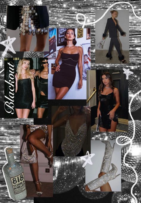 Black Tie Disco Theme, Glitz And Glam Bachelorette Party Vegas, Disco Blackout Outfit, Black Disco Outfit Ideas, Black And White Disco Outfit, Black Out Bachelorette Theme, Disco And Tequila Bachelorette, Chrome Bachelorette, Black And Diamonds Outfit