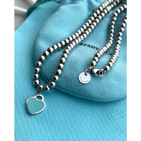 Tiffany & Co Return T&co Blue Enamel 4mm Bead Beaded Ball Heart Tag Necklace 16” Beaded Ball, Return To Tiffany, Round Tags, Heart Tag, Sterling Silver Charm, Tag Necklace, Tiffany & Co., Silver Charms, Jewelry Collection