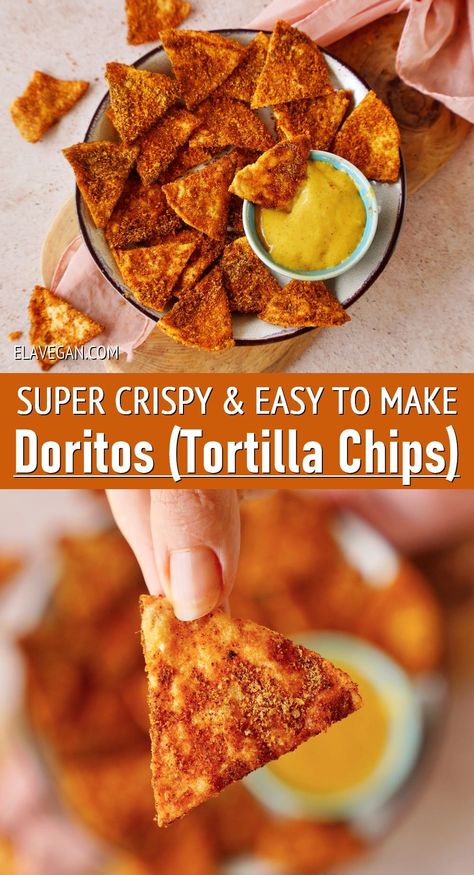 Make quick and easy homemade Doritos (corn tortilla chips) in an oven or air fryer - They’re crisp, crunchy, and loaded with flavor but MUCH healthier and made with REAL ingredients! #doritos #tortillachips #nachochips #cornchips #elasrecipes | elavegan.com Home Made Chips Tortilla, Tortilla Chip Seasoning Recipes, Homemade Taco Chips, Tortilla Chip Seasoning, Corn Tortilla Chips Recipes, Homemade Sun Chips, Taco Chips From Tortillas, Tortilla Shell Chips, Homemade Chips Tortilla