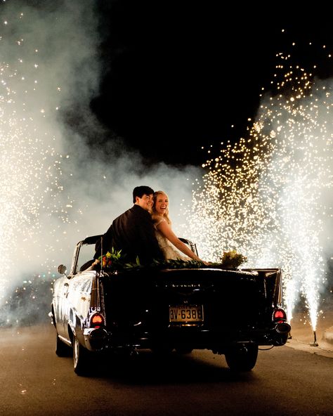 Wolf Stuntworks set up this scene, with sparklers along the driveway, which lit up as the couple rode through in a vintage car. Sendoff Ideas, Evening Wedding Ceremony, Wish Lanterns, Unusual Wedding Venues, Wedding Fireworks, Wedding Exit, Wedding Send Off, Sparkler Send Off, Wedding Exits